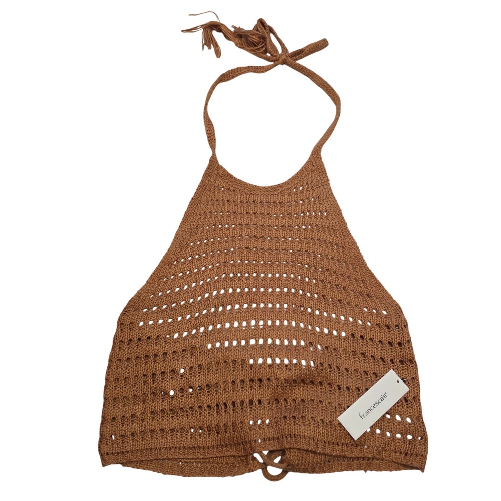 Francesca's Crochet Knit Halter Top Brown Boho Lace Up Tassel Summer NWT Large